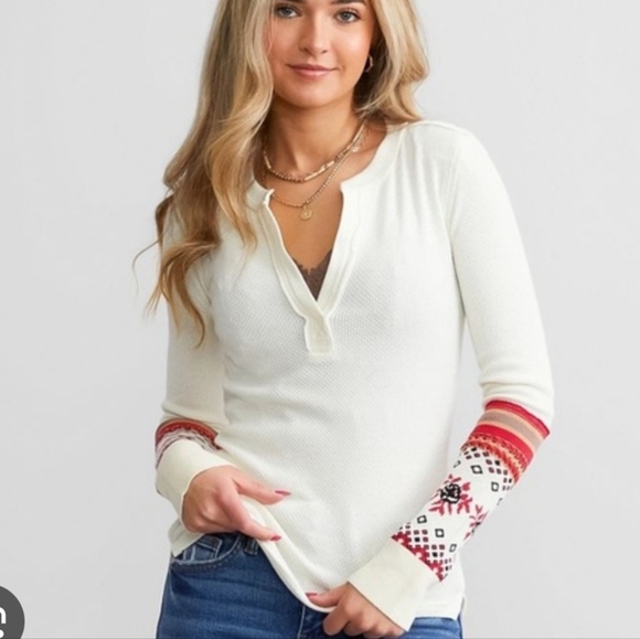 NWT Free People Mikah Layering Cuff Thermal Long Sleeve Shirt Small Cream Red - Picture 1 of 7